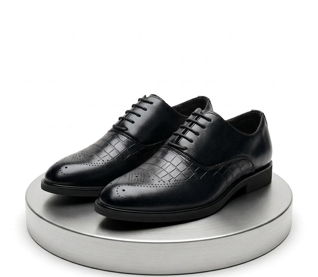 Jet Black brogue shoe for men — Black Croc-Panel Brogue